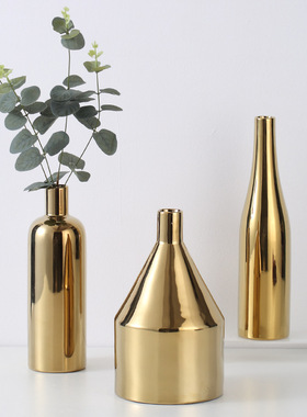 北欧风陶瓷金色花瓶电镀三件套