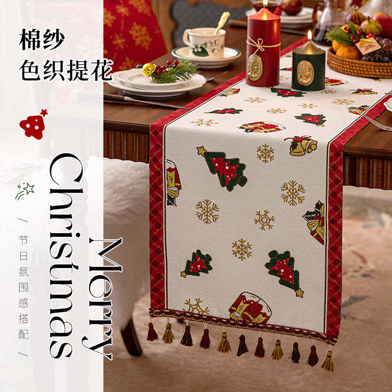 圣诞氛围感雪花桌旗节日餐桌装饰餐垫美式复古边柜长条布发