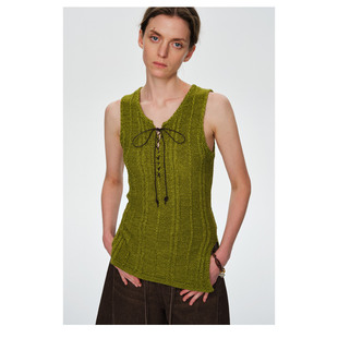 设计感显瘦上衣 复古编织风绑带V领毛织背心女无袖 2026年春季 新款