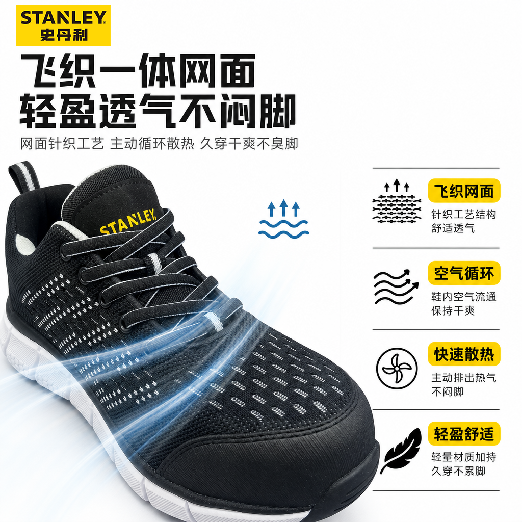 史丹利劳保鞋男防砸防刺穿工地轻便透气舒适钢头运动休闲安全鞋