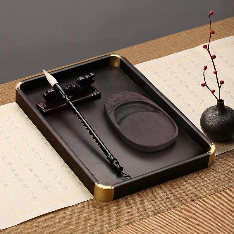 黑檀木角文盘收木文房铜四宝纳盘托盘毛笔砚台实茶盘雅轩斋书法绘