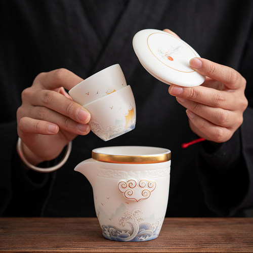 唐舍 羊脂玉瓷快客杯一壶二杯旅行茶E具套组可携式包德化白瓷泡茶