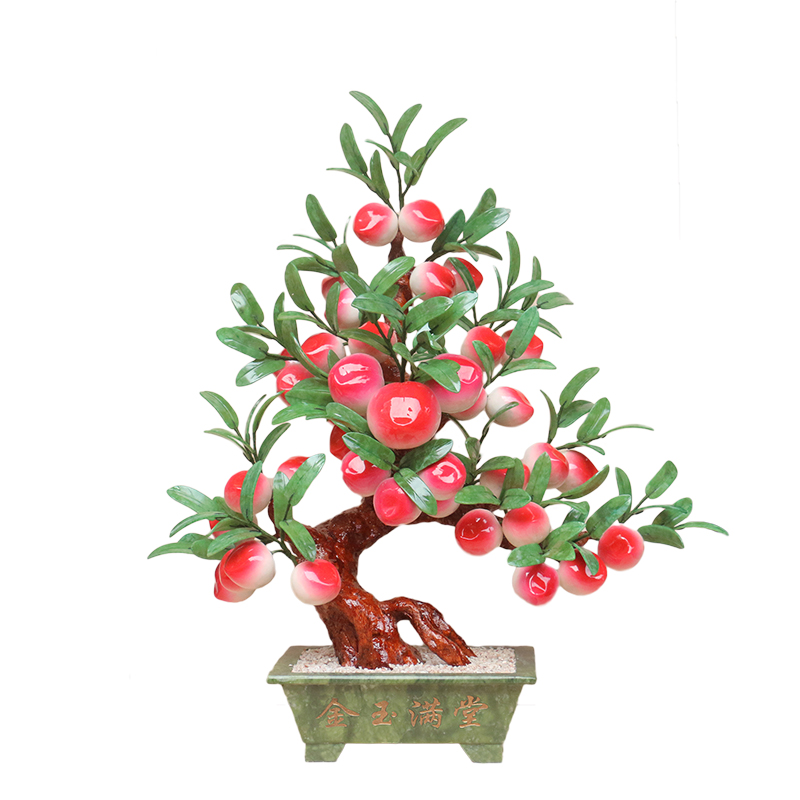玉石盆景仙桃树客厅办公室寿桃摆件E家居饰品送礼工艺品仿真蟠桃