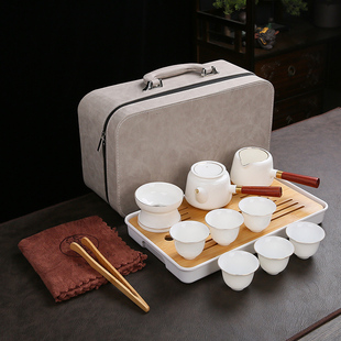 家用陶瓷侧把白瓷茶壶茶杯便携式 羊脂玉瓷功e夫旅行茶具套装 收纳