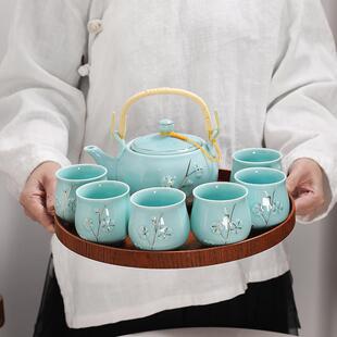 家用景德镇陶瓷大号提梁壶现代简约轻奢茶杯茶盘 青瓷茶壶茶具套装