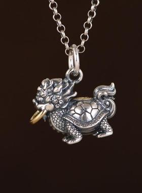 网红- S925银瑞兽龙龟吊坠 复古做旧吊饰挂件龙头龟身赑屃银饰