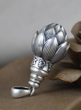 网红-足银复古可打开装东西吊坠梵文六字莲花嘎乌盒楞严咒项链坠