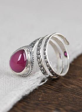 网红- S925银复古文艺指环银饰女款多圈水滴合成红刚玉戒指