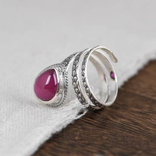 网红- S925银复古文艺指环银饰女款多圈水滴合成红刚玉戒指