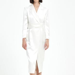 醋酸西装领白色高端女士2024秋季新款气质通勤修身收腰长袖连衣裙