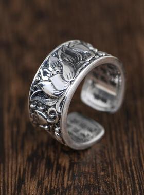 网红-足银宽面复古泰银工艺戒指女款开口莲花心经文指环跨境饰品