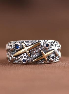 网红-S925银戒指复古金色十字星辉锤纹星空可调节银戒指男女指环