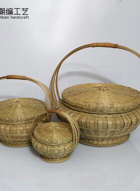 潮编匠心精编竹青编织手提竹篮农家竹编工艺品家居收纳带盖竹篮子