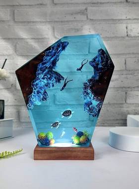 龟爸爸龟妈妈和小龟树脂木灯环氧树脂海洋灯潜水员灯儿子生日礼物