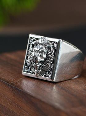 S925银复古工艺戒指男款朋克风雄狮方形板戒跨境银指环