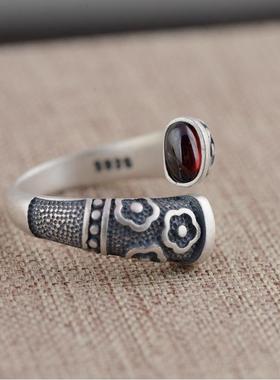 网红-S925银复古泰银工艺戒指开口女款金箍棒银指环跨境饰品