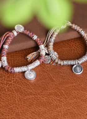 网红 足银手工编绳黄财像福字招财进宝吊饰女款盘缠手链手环