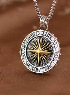 网红- S925银吊坠 复古做旧金色星辉星芒圆牌泰银吊饰男女项链坠