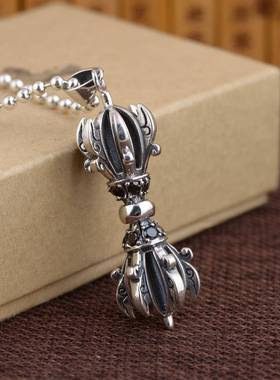 网红- S925银复古工艺diy手工挂件吊饰男款泰银镶锆石金刚杵吊坠