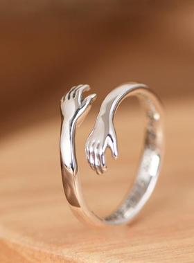 网红- S925银戒指 I love you grandma双手拥抱可调节指环送长辈