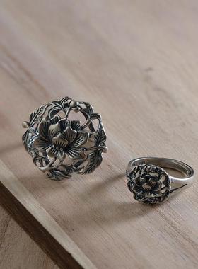 网红- S925银复古泰银 时尚牡丹花开口大小版女款银戒指