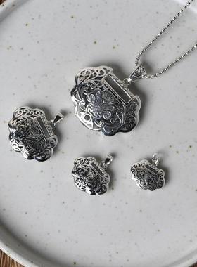 网红- S925银复古镂空如意富贵锁子红绳挂坠 女泰银锁骨链项链坠