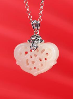 网红款 S925银吊坠 复古心形香囊 和田玉镂空雕刻香丸盒香薰女坠