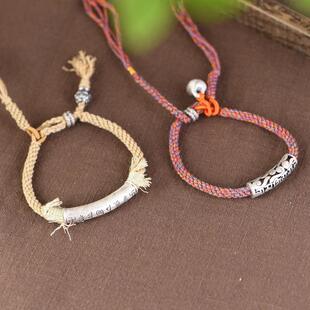 网红 925银盘缠手链 手工编绳六字真言弯管银锭莲花散珠女手串