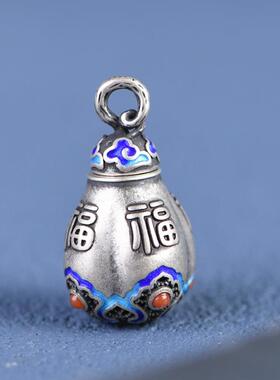 网红- S925银香囊香丸球 复古做旧烧蓝镶南红可打开福字香薰吊坠