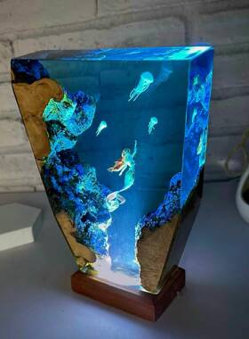 美人鱼和水母树脂夜灯环氧树脂和木制夜灯照明海洋树脂灯父亲礼物