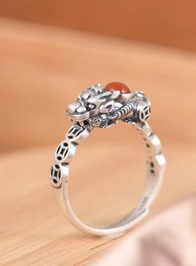 网红- S925银戒指 复古做旧古钱币银貔貅镶南红可调节女款指环戒