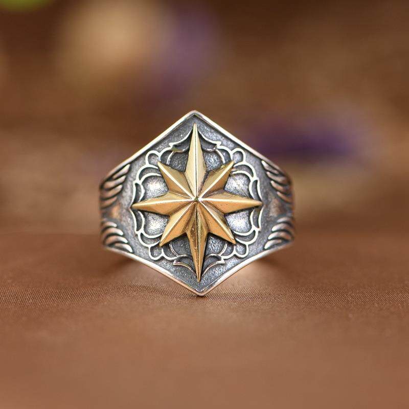 网红- S925银戒指 复古金色八芒星潮人设计泰银开口男女戒新品