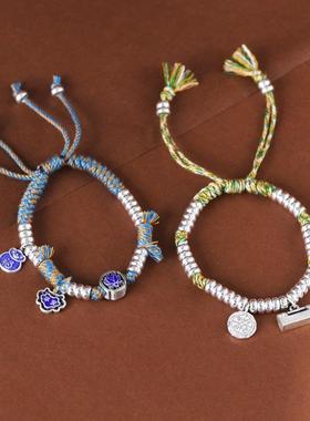 网红- S925银手工DIY编绳算盘珠气泡珠平安锁福袋吊饰彩绳盘缠