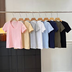 简约风！竹节纱V领T恤女宽松百搭纯色休闲打底衫短袖上衣女483460