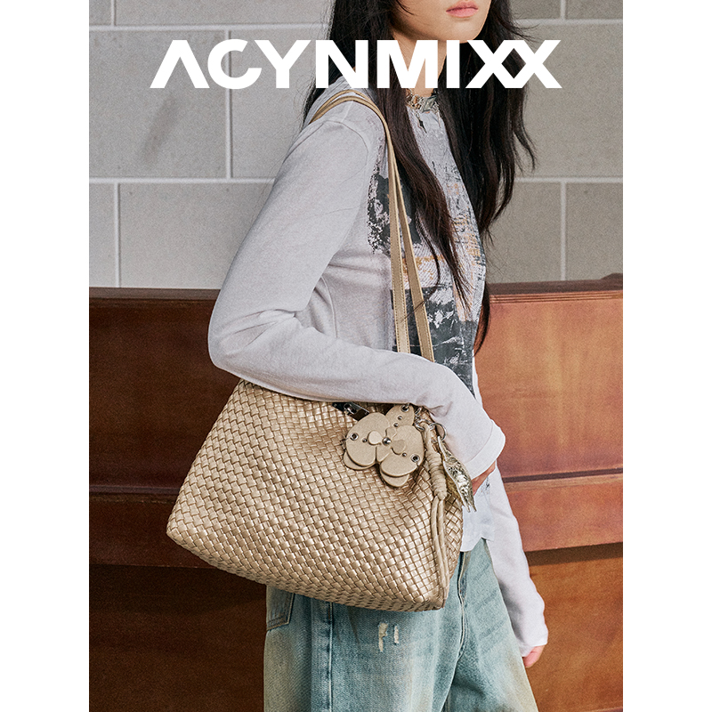 香槟金编织水桶包大容量托特包