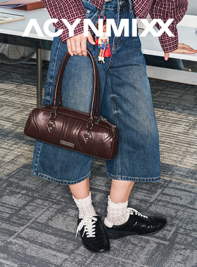 Acynmixx复古棕色波士顿保龄球包法棍包女高级感油蜡皮单肩腋下包
