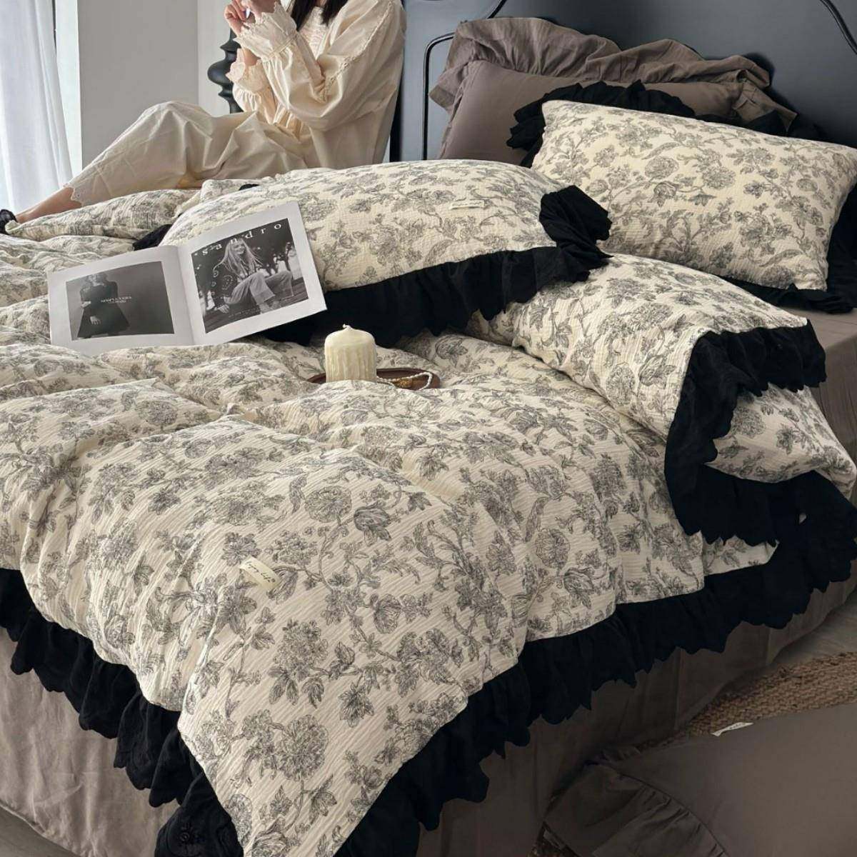 法式复古赫本风全棉色织皱皱纱四件套柔软花边透气被套床单床品,电子元器件市场,其它元器件,淘宝优惠券,粉丝福利购,淘宝优惠卷