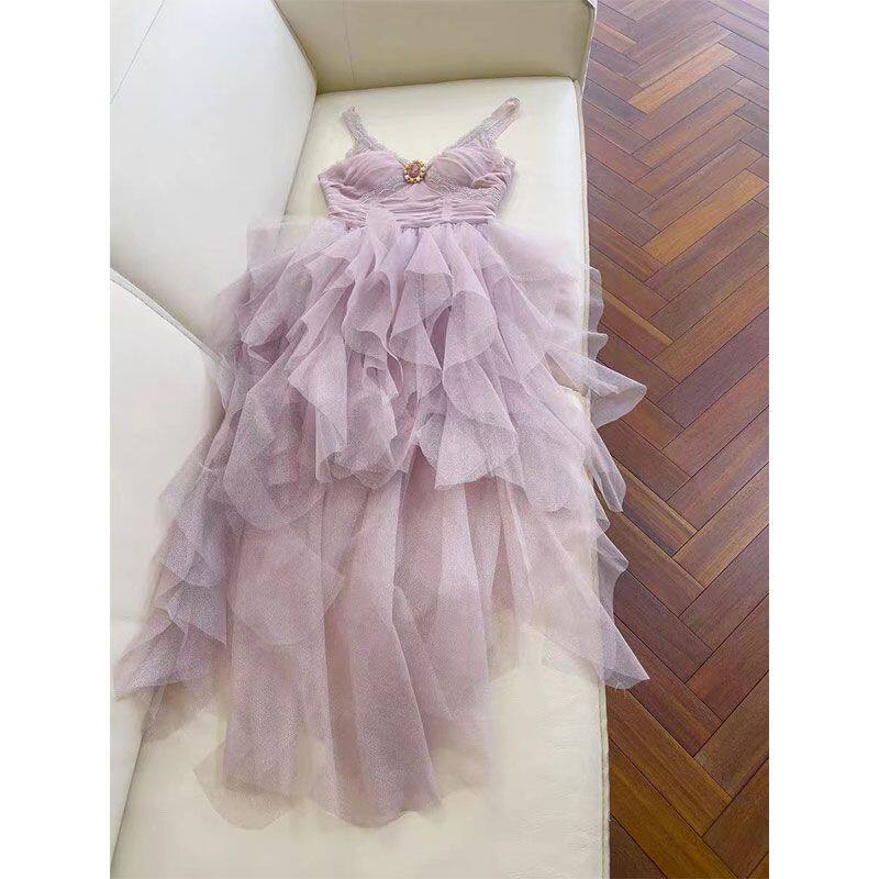 法式气质轻奢重工高级感名媛生日小礼服公主紫色网纱拖尾连衣裙女