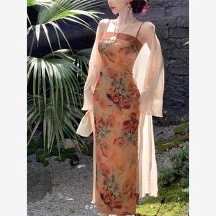 复古新中式油画人间富贵花吊带印花连衣裙改良旗袍修身显瘦长裙