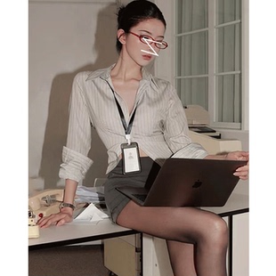 御姐性感翻领收腰条纹衬衫衬衣显瘦包臀裙裤短干练律政佳人套装秋