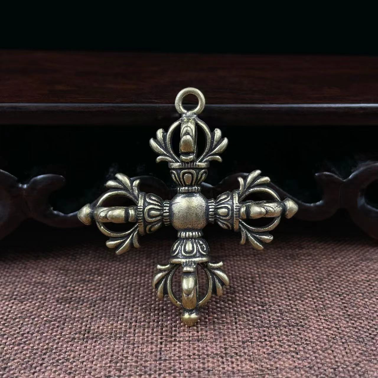 纯黄铜复古做旧十字金刚降魔杵钥匙扣挂件小吊坠铜器批工艺品