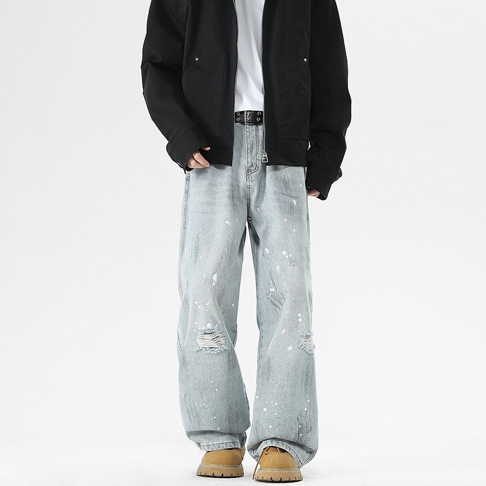 郝郝先生 秋冬新款宽松潮款灼烧牛仔裤长裤男炒盐美式高街阔腿裤