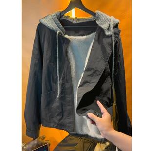 座山雕拼接针织可摘连帽夹克男潮流休闲加绒保暖外套 专柜品质