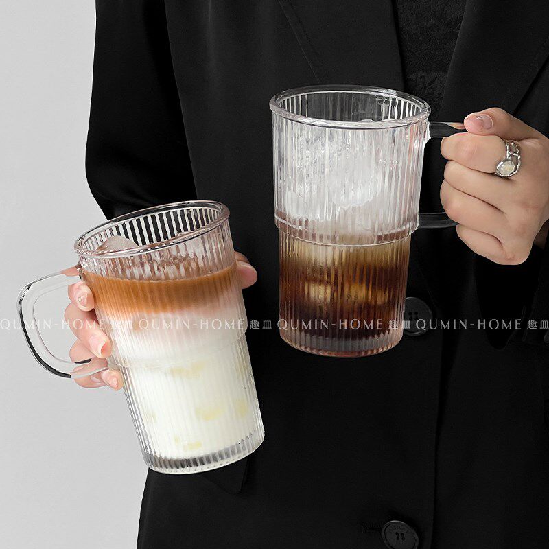 速发风竖叠带把竖纹玻璃杯子容美式拿铁杯咖啡杯大冰量饮品杯水杯