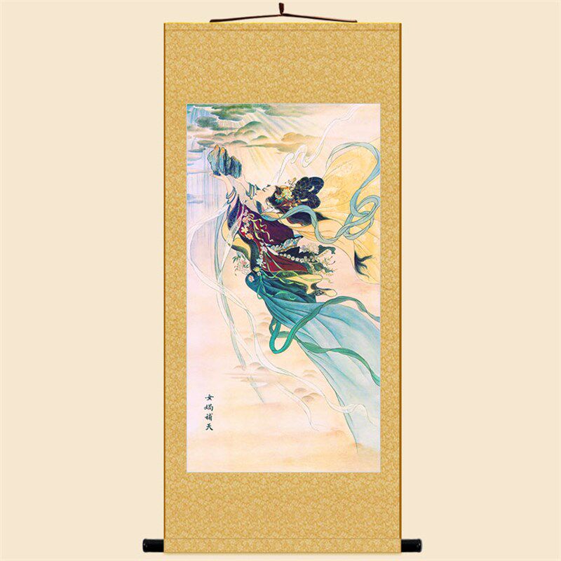 速发娲补天图 物人故事话神 绢布材质卷轴挂画 复古装饰画