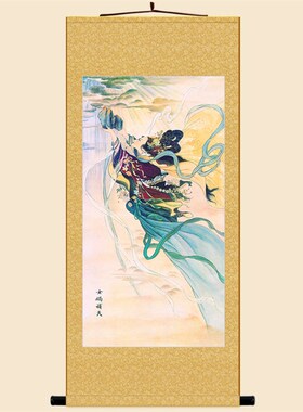 速发娲补天图 物人故事话神 绢布材质卷轴挂画 复古装饰画