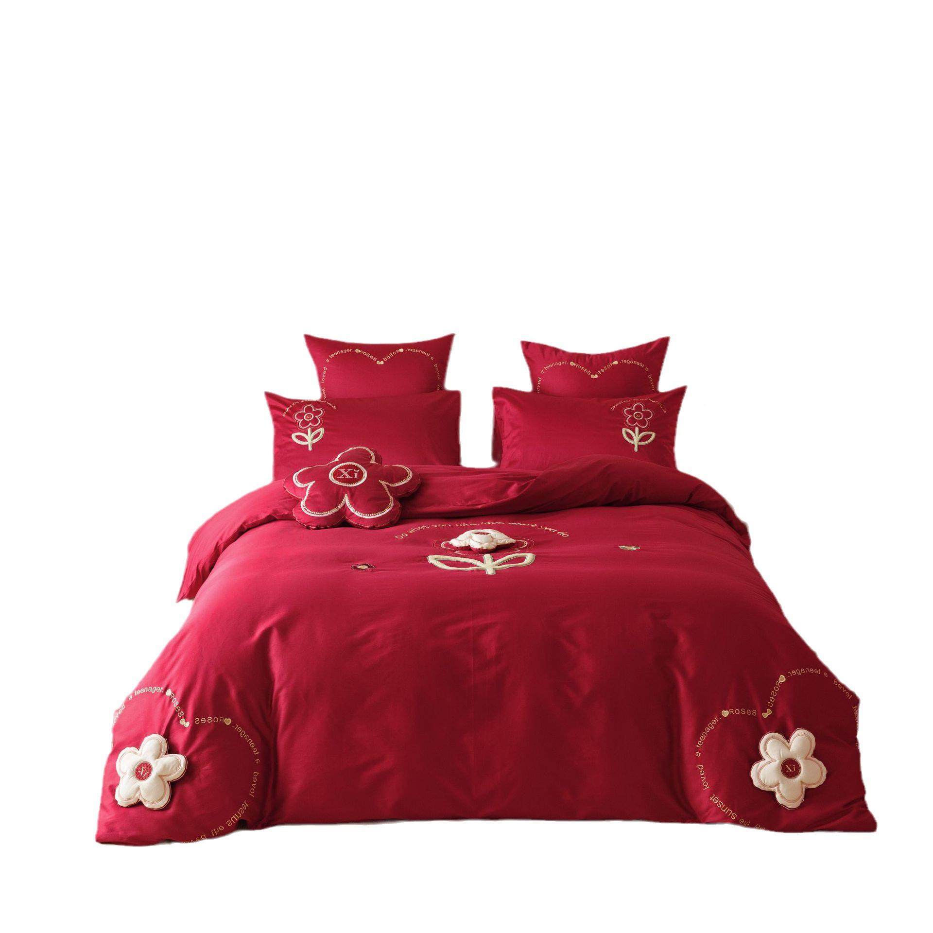 全棉盖婚庆家纺套色四件100支长绒红JL106棉刺绣床款结婚床上用品,床上用品,婚庆床品套件,淘宝优惠券,粉丝福利购,淘宝优惠卷