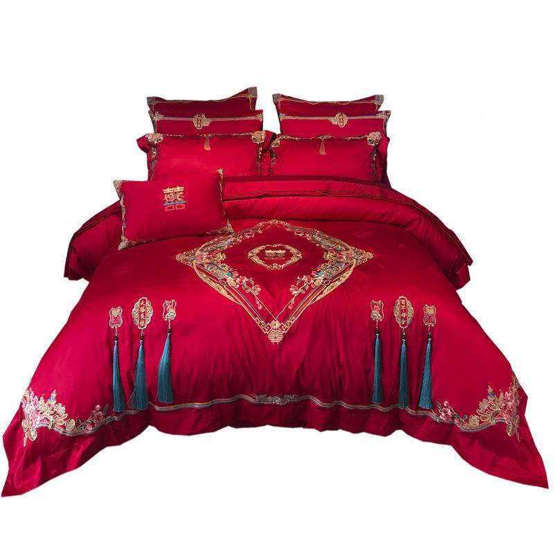 被床婚庆家纺结婚上用品房布置备婚四件套H1088红色喜天赐良婚缘,床上用品,婚庆床品套件,淘宝优惠券,粉丝福利购,淘宝优惠卷