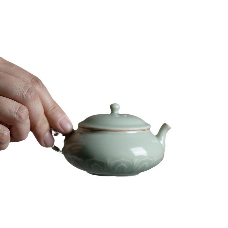梵汝手作陶瓷浮雕玉泥草木灰扁形壶家用茶具手执泡茶壶带过滤防烫