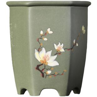 紫泥砂花tb-63826陶瓷盆景盆苏名家盆六方刻绘玲手绘兰盆花盆抹茶